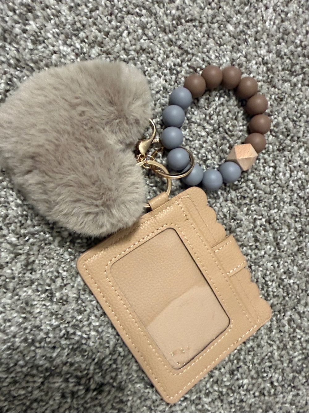Beige Wristlet Keychain Wallet & ID Holder Set w/ Faux Fur Heart Charm